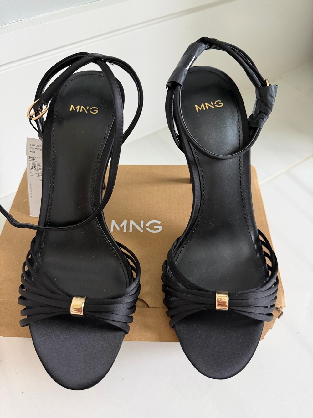 Mango Black Strappy Ankle-Tie Heels with Gold Accent